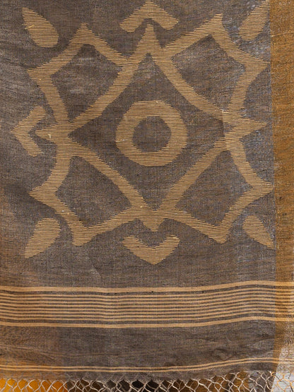 Women's Grey linen tissue pallu jamdani temple border handwoven saree