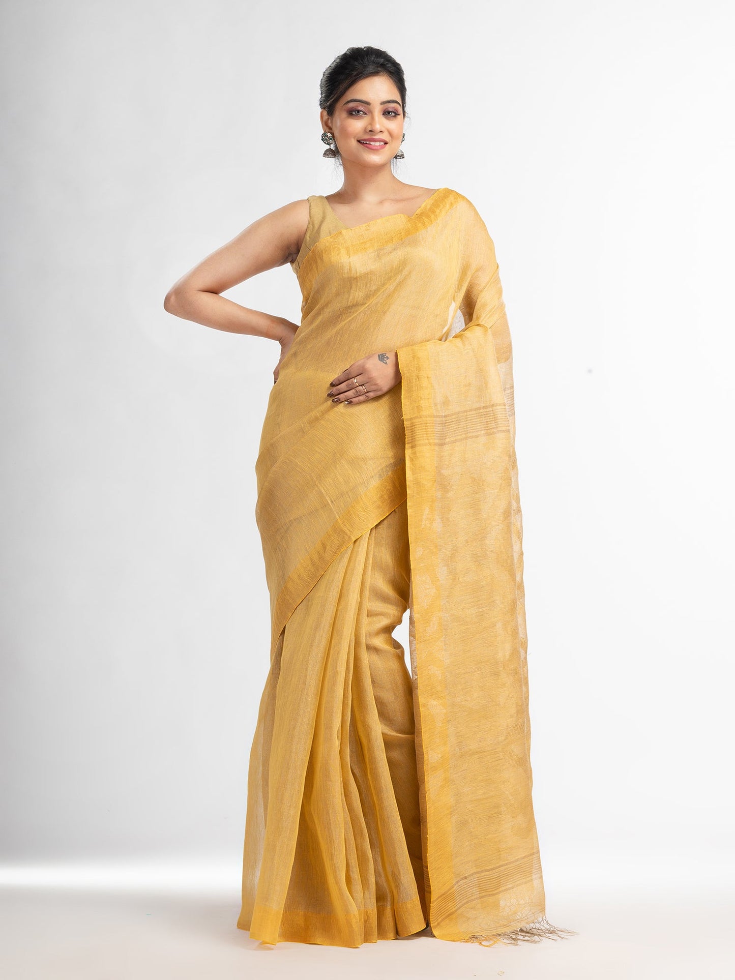Women's muga linen tissue pallu jamdani temple border handwoven saree