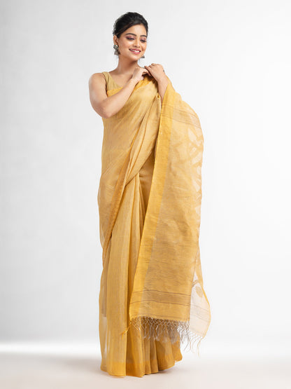 Women's muga linen tissue pallu jamdani temple border handwoven saree