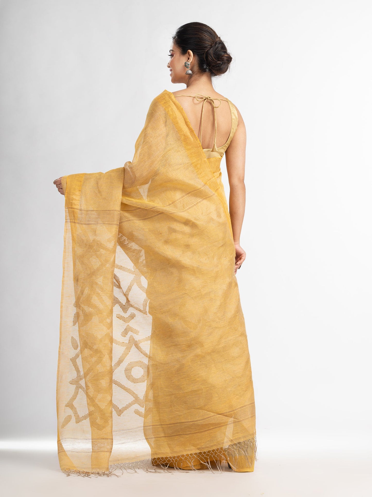 Women's muga linen tissue pallu jamdani temple border handwoven saree