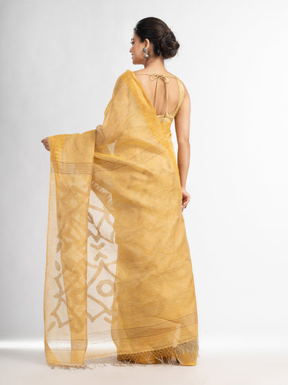 Women's muga linen tissue pallu jamdani temple border handwoven saree