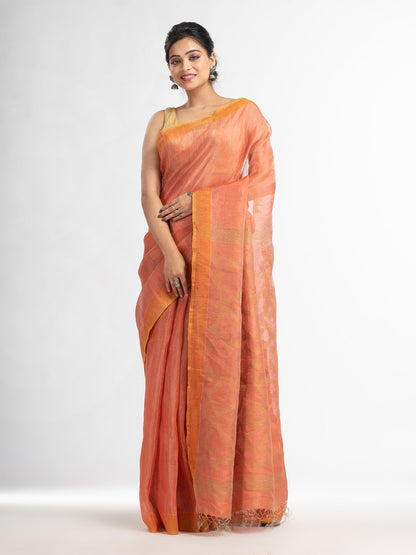 Women's Peach linen tissue pallu jamdani temple border handwoven saree