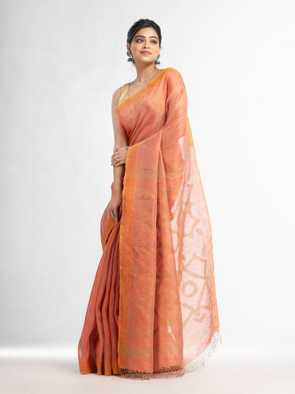 Women's Peach linen tissue pallu jamdani temple border handwoven saree