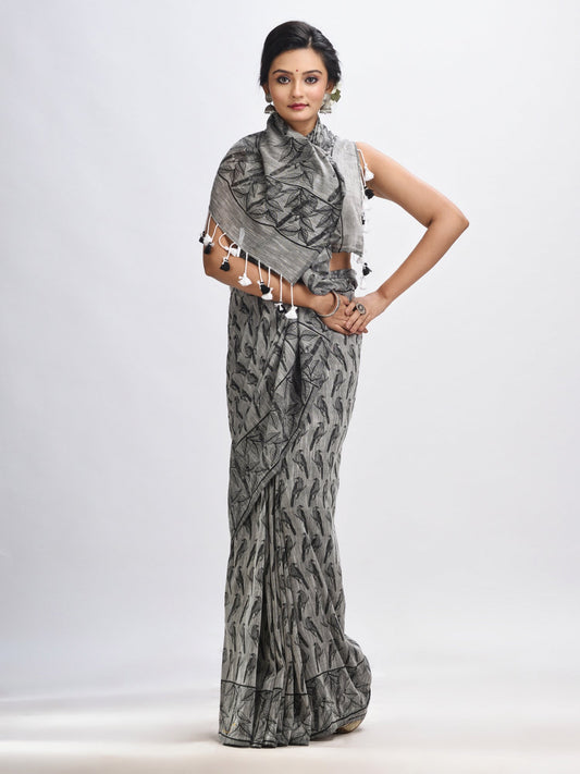 Women's Grey cotton birds Printed Saree
