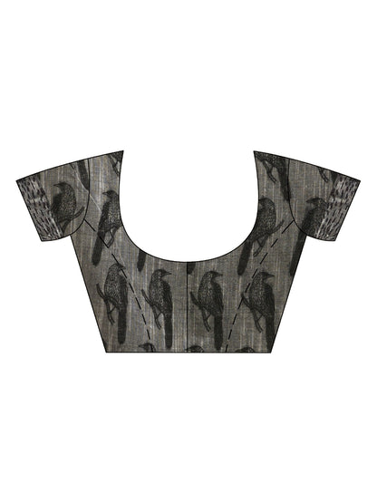 Women's Grey cotton birds Printed Saree