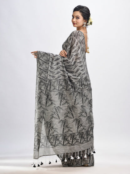 Women's Grey cotton birds Printed Saree