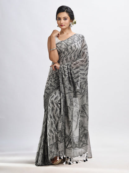 Women's Grey cotton birds Printed Saree