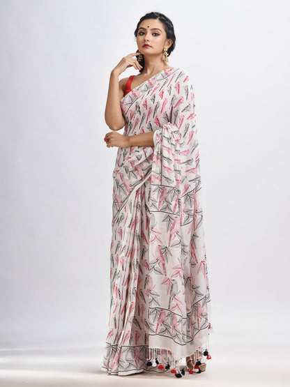 Women's White cotton birds Printed Saree