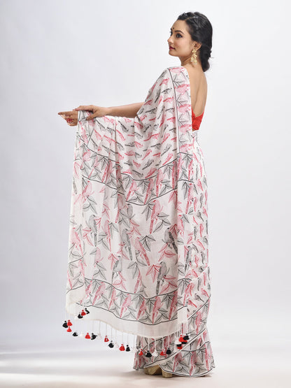 Women's White cotton birds Printed Saree