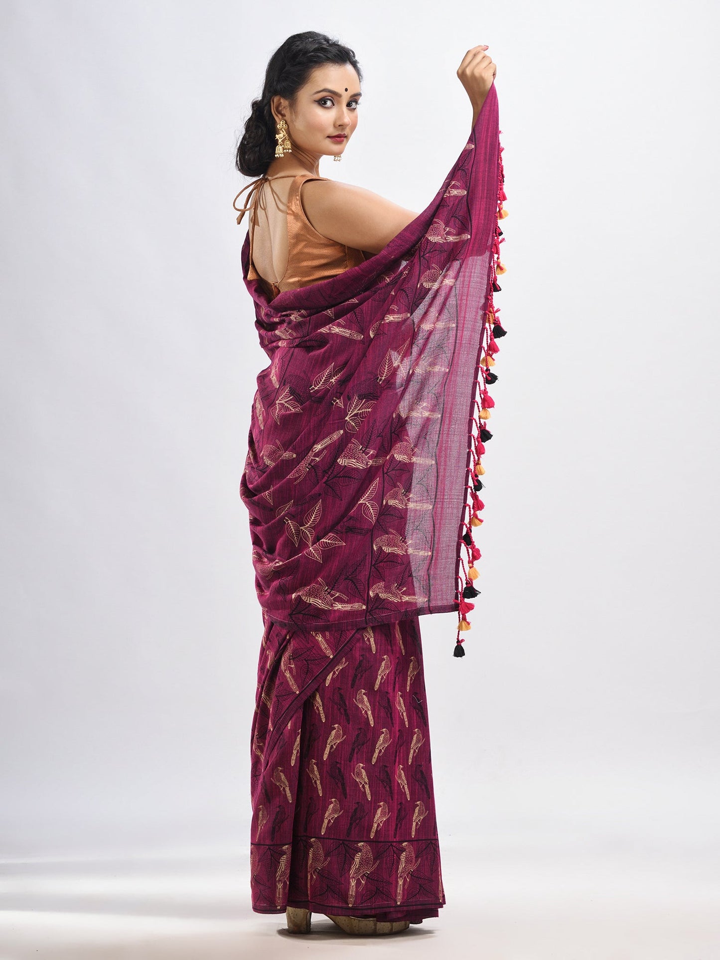 Women's Maroon cotton birds Printed Handloom Saree