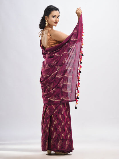 Women's Maroon cotton birds Printed Handloom Saree