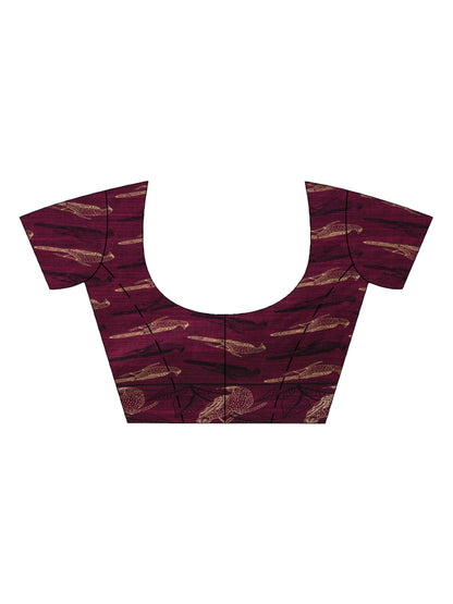 Women's Maroon cotton birds Printed Handloom Saree