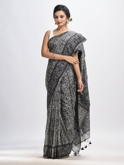 Women's Grey cotton dolls Printed Handloom Saree