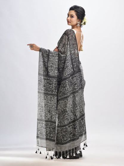 Women's Grey cotton dolls Printed Handloom Saree