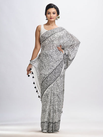 Women's White cotton dolls Printed Saree