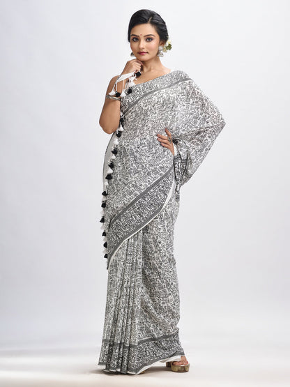 Women's White cotton dolls Printed Saree