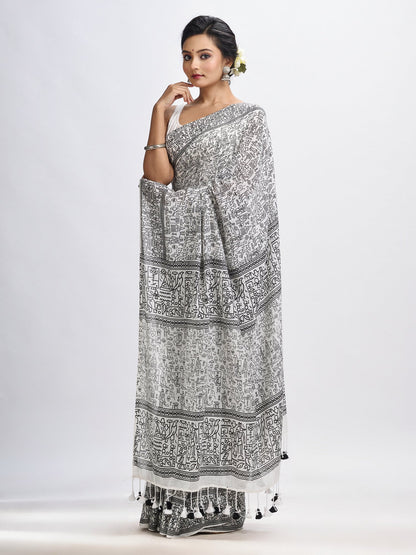 Women's White cotton dolls Printed Saree