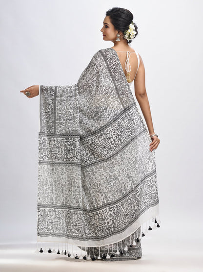 Women's White cotton dolls Printed Saree