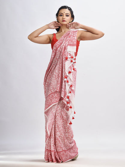 Women's Red cotton dolls Printed Saree