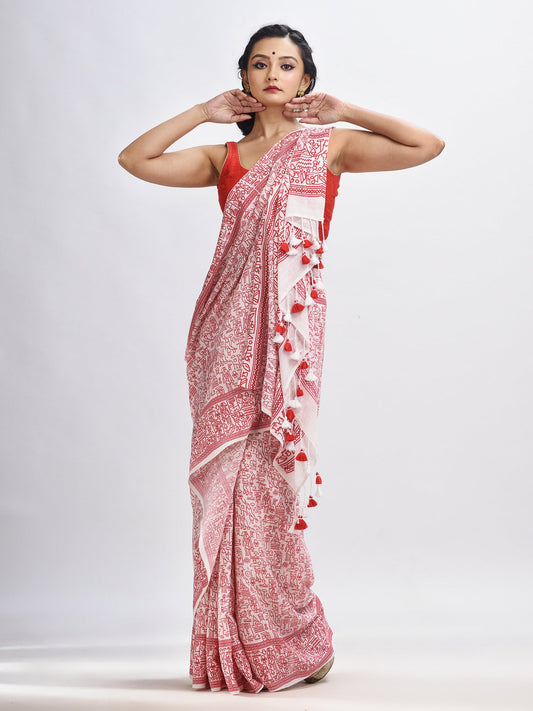 Women's Red cotton dolls Printed Saree