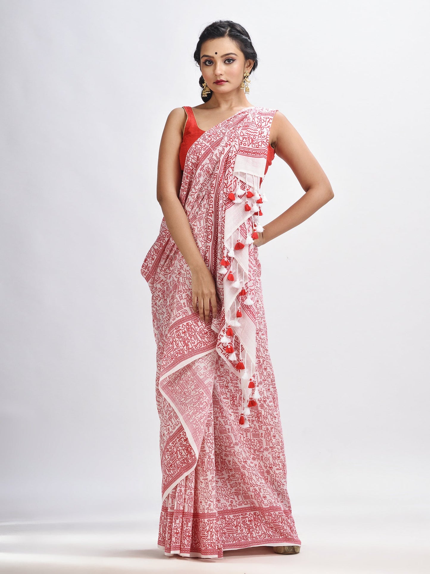 Women's Red cotton dolls Printed Saree