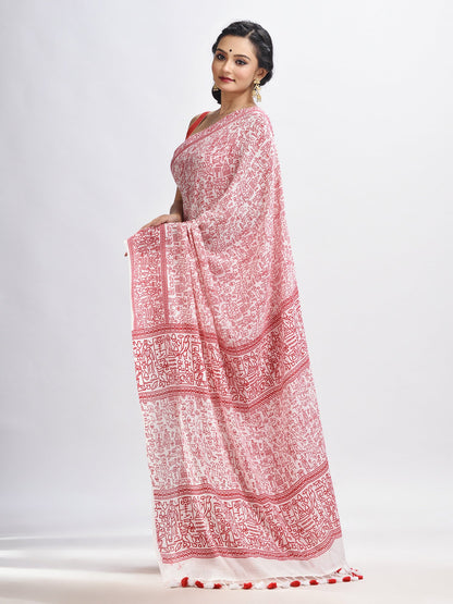 Women's Red cotton dolls Printed Saree