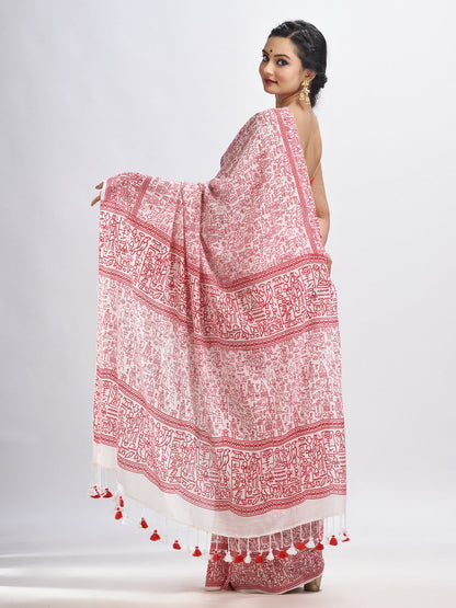 Women's Red cotton dolls Printed Saree