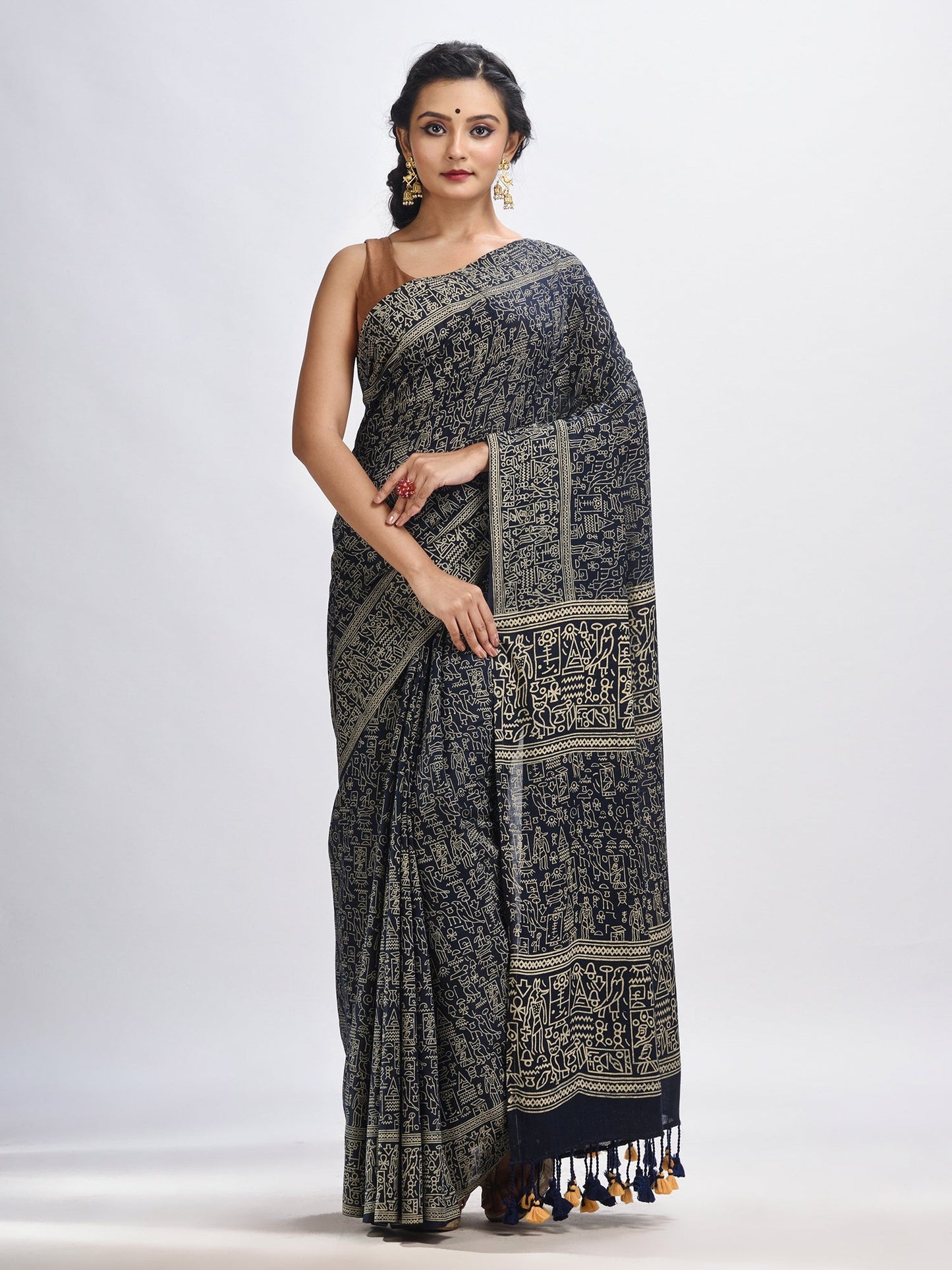 Women's Nevy blue cotton dolls Printed Saree