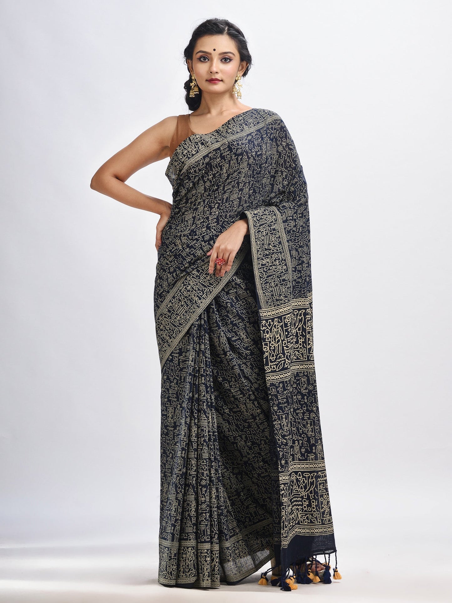 Women's Nevy blue cotton dolls Printed Saree