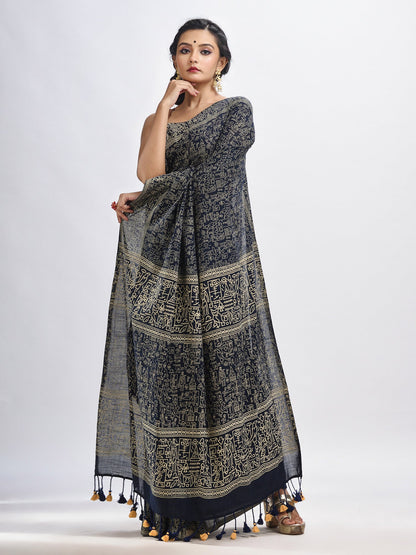 Women's Nevy blue cotton dolls Printed Saree