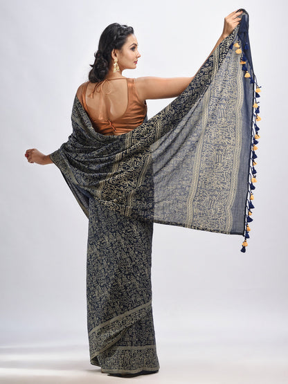 Women's Nevy blue cotton dolls Printed Saree