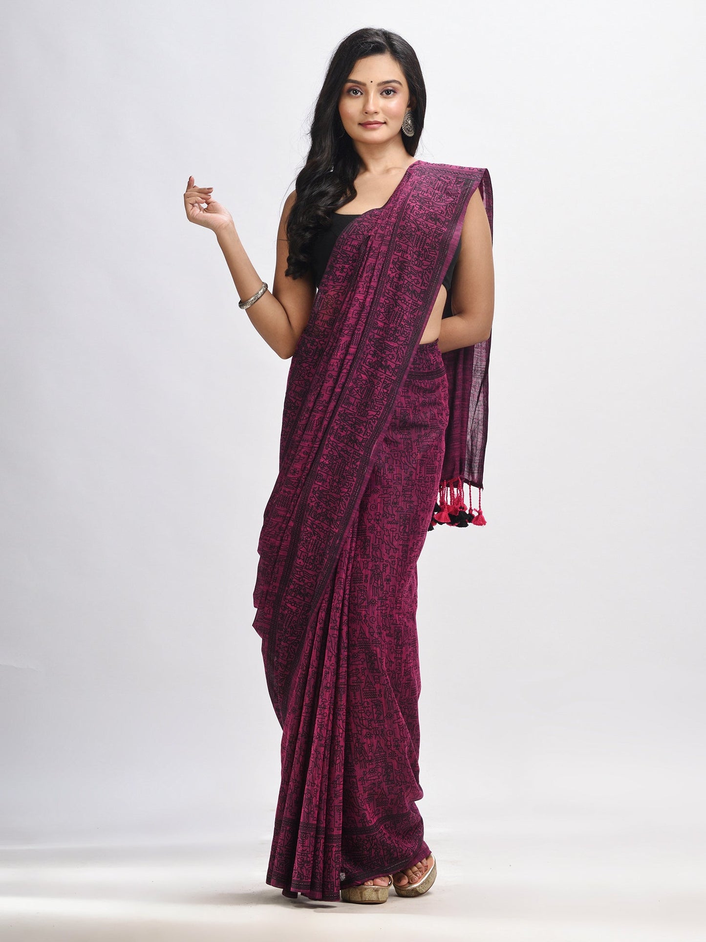 Women's Magenta cotton dolls Printed Saree