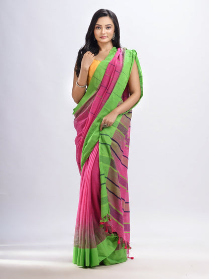 Women's Pink cotton tai dai with solid broder in multi colour pallu hondwaven saree