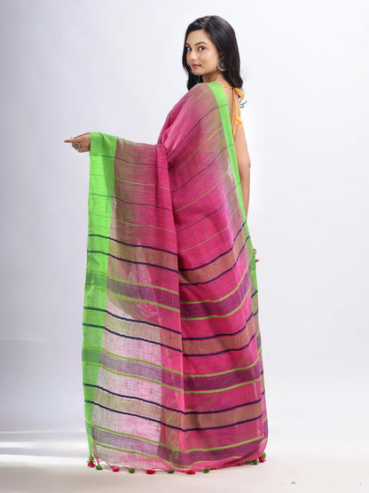 Women's Pink cotton tai dai with solid broder in multi colour pallu hondwaven saree