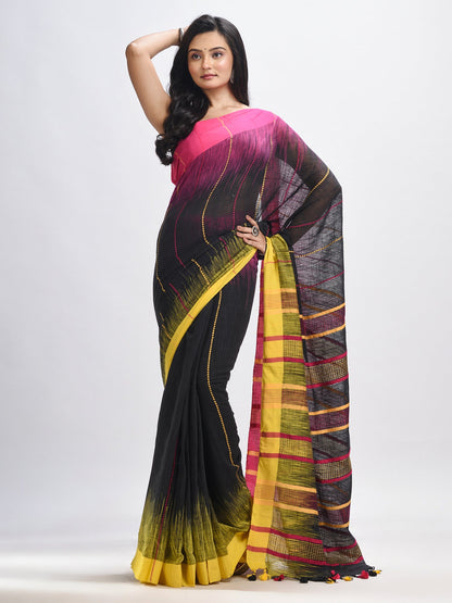 Women's Black cotton tai dai with solid broder in multi colour pallu hondwaven saree