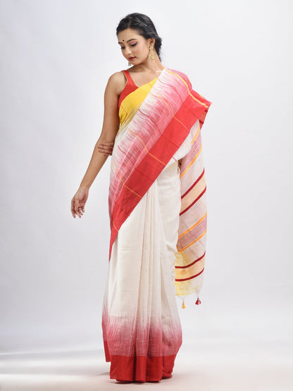 Women's White cotton tai dai with solid broder in multi colour pallu hondwaven saree