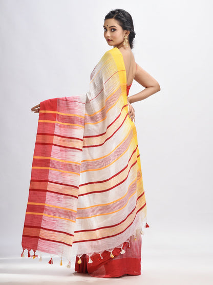 Women's White cotton tai dai with solid broder in multi colour pallu hondwaven saree