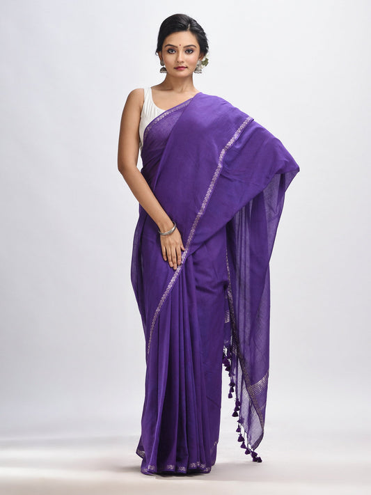 Women's Purple cotton with Jacquard Zari border and zari Stipe pallu handloom Saree