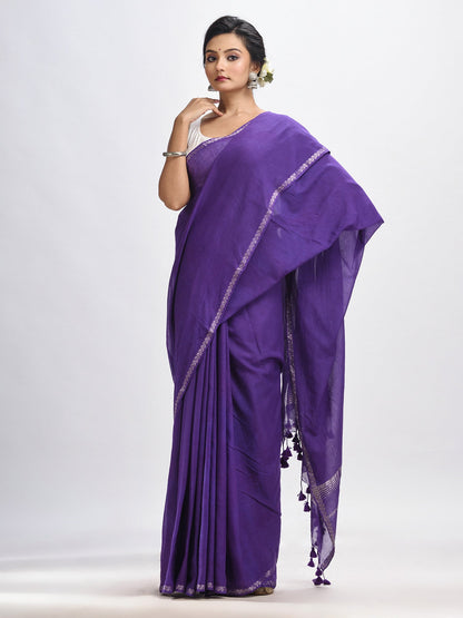 Women's Purple cotton with Jacquard Zari border and zari Stipe pallu handloom Saree