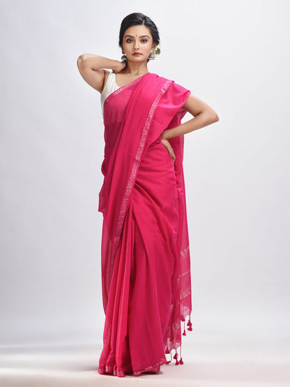 Women's Hot pink cotton with Jacquard Zari border and zari Stipe pallu handloom Saree