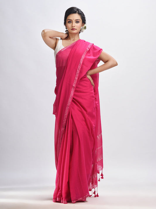 Women's Hot pink cotton with Jacquard Zari border and zari Stipe pallu handloom Saree