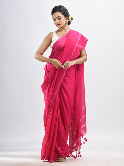 Women's Hot pink cotton with Jacquard Zari border and zari Stipe pallu handloom Saree