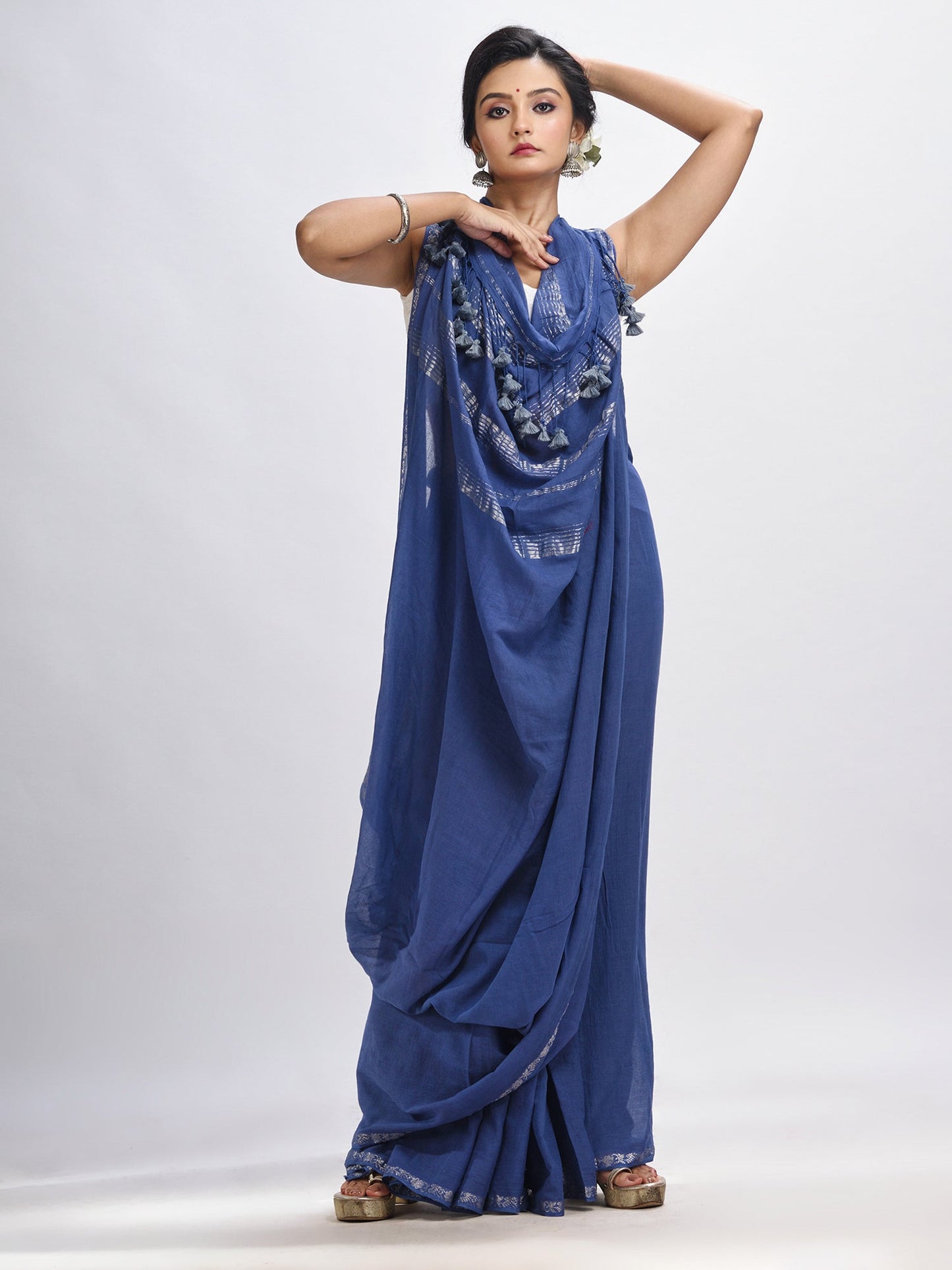Women's Nevy Blue cotton with Jacquard Zari border and zari Stipe pallu handloom Saree