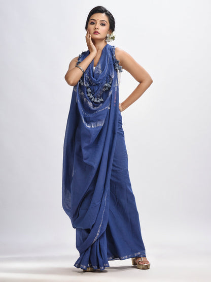 Women's Nevy Blue cotton with Jacquard Zari border and zari Stipe pallu handloom Saree