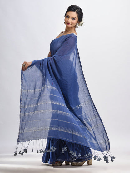 Women's Nevy Blue cotton with Jacquard Zari border and zari Stipe pallu handloom Saree