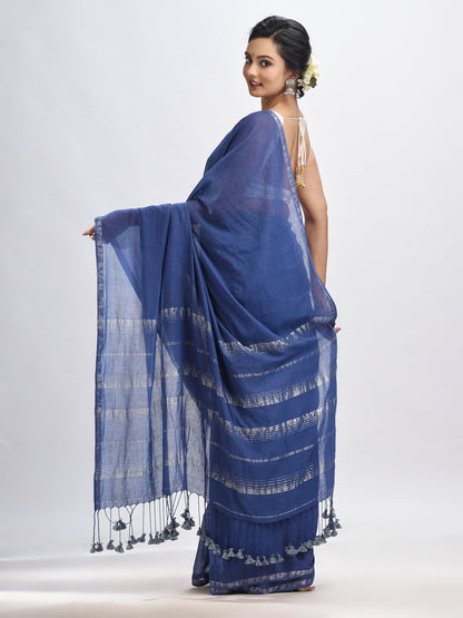 Women's Nevy Blue cotton with Jacquard Zari border and zari Stipe pallu handloom Saree