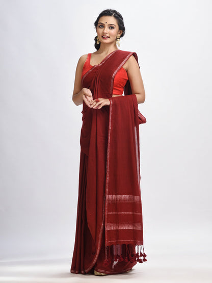 Women's Maroon cotton with Jacquard Zari border and zari Stipe pallu handloom Saree