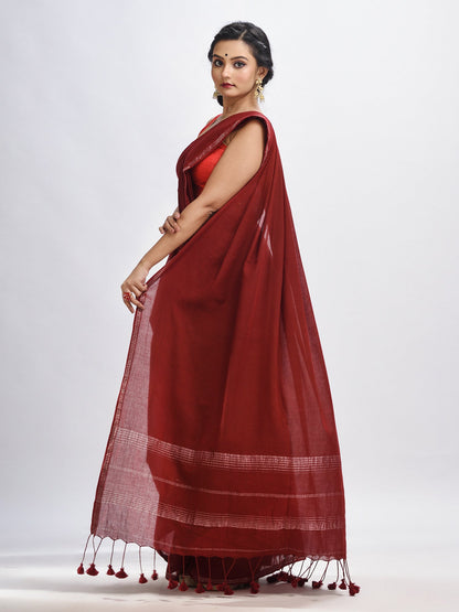 Women's Maroon cotton with Jacquard Zari border and zari Stipe pallu handloom Saree