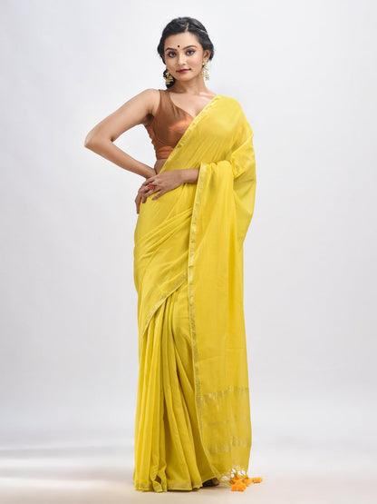 Women's Yellow cotton with Jacquard Zari border and zari Stipe pallu handloom Saree