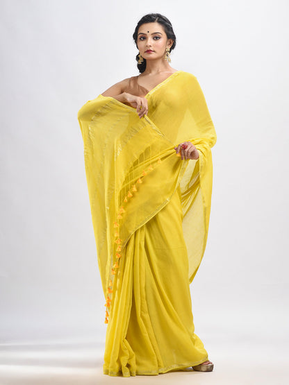 Women's Yellow cotton with Jacquard Zari border and zari Stipe pallu handloom Saree